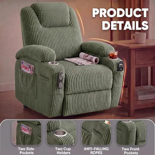 Alt view image 7 of 7 - Power Lift Chair Massage Recliner Chairs for Elderly, Corduroy Ergonomic Design with Cup Holders & Side Pockets, Remote Control (Green)