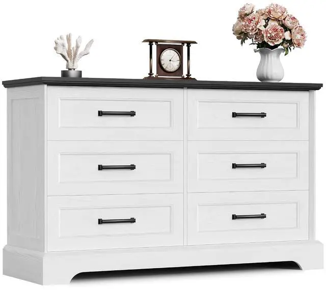 Main image of Farmhouse Dresser for Bedroom, 6 Drawers Dresser, Wood Chest of Drawers, 47.2" Wide Storage Dressers Organizer for Bedroom, Living Room, White and Black