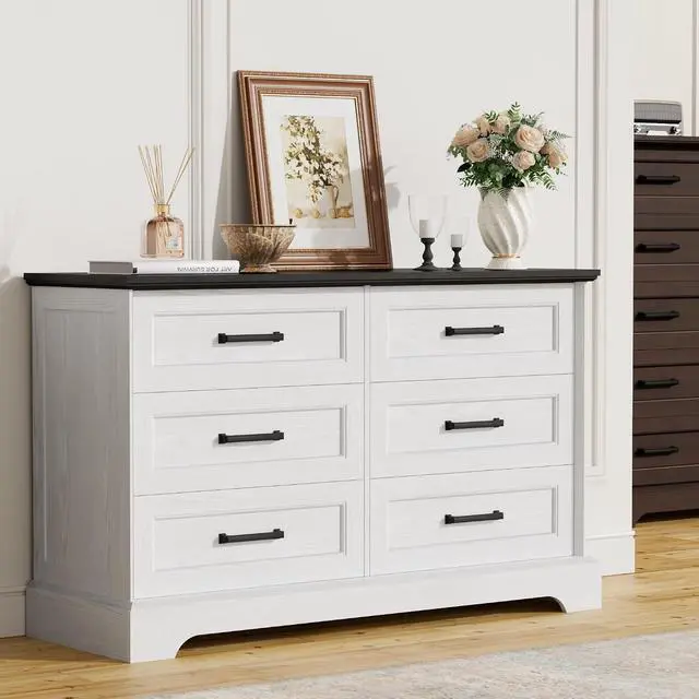 Alt view image 2 of 7 - Farmhouse Dresser for Bedroom, 6 Drawers Dresser, Wood Chest of Drawers, 47.2" Wide Storage Dressers Organizer for Bedroom, Living Room, White and Black