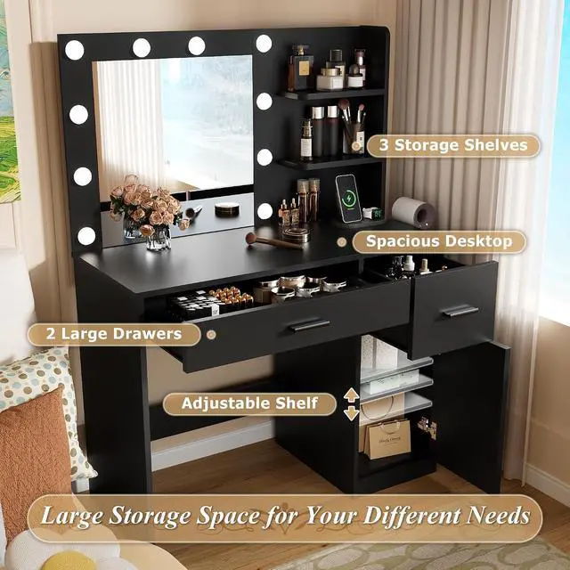 Alt view image 3 of 7 - Vanity Desk with Lighted Mirror 3 Modes & Power Outlets, Makeup Vanity Table with Drawers, Cabinet and Open Shelves, for Bedroom & Dressing Room (Black)