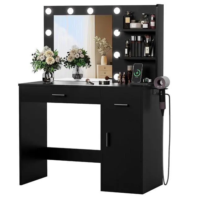 Alt view image 7 of 7 - Vanity Desk with Lighted Mirror 3 Modes & Power Outlets, Makeup Vanity Table with Drawers, Cabinet and Open Shelves, for Bedroom & Dressing Room (Black)