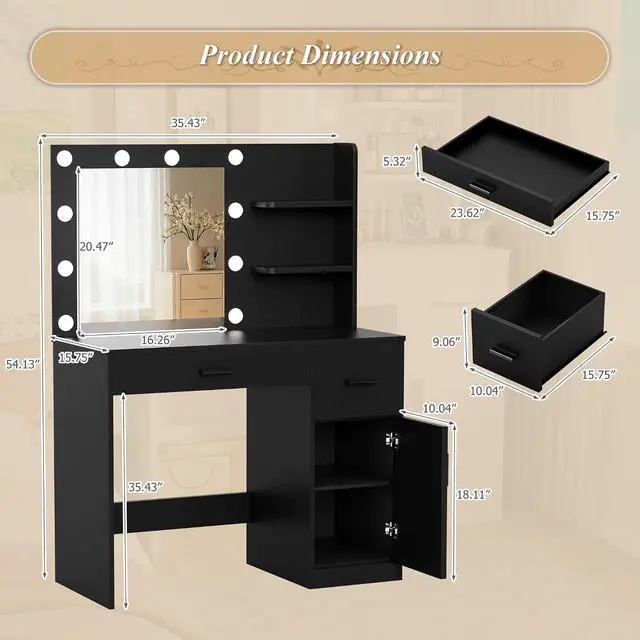 Alt view image 6 of 7 - Vanity Desk with Lighted Mirror 3 Modes & Power Outlets, Makeup Vanity Table with Drawers, Cabinet and Open Shelves, for Bedroom & Dressing Room (Black)