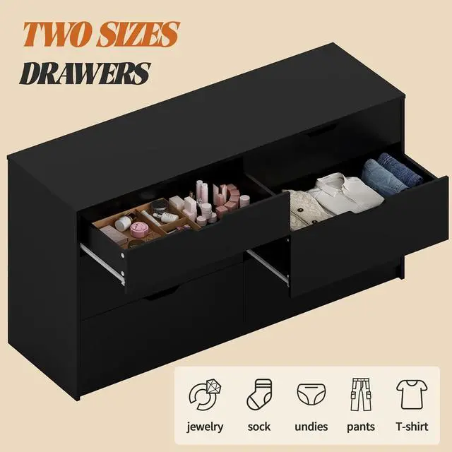 Alt view image 4 of 7 - Dresser for Bedroom with 6 Drawers, 47.2" Modern Wood Chest of Drawers with Two Drawer Sizes, TV Stand for Living Room, Closet & Entryway, Black
