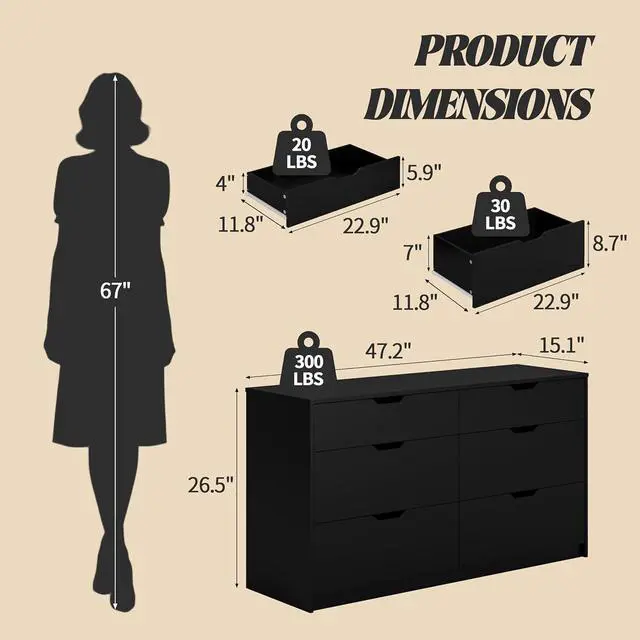 Alt view image 3 of 7 - Dresser for Bedroom with 6 Drawers, 47.2" Modern Wood Chest of Drawers with Two Drawer Sizes, TV Stand for Living Room, Closet & Entryway, Black