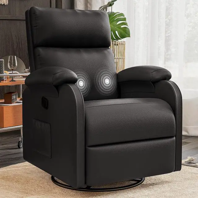 Main image of Recliner Chair, 360 Swivel Rocking Chair for Adults, Massage Nursery Chair with Adjustable Backrest and Footrest, PU Leather Glider Rocker Recliners with Side Pocket for Living Room (Black)