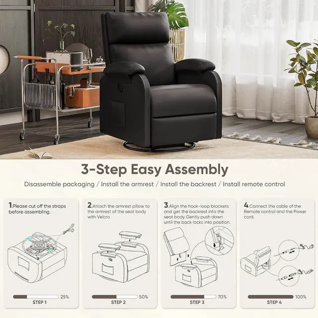 Alt view image 3 of 7 - Recliner Chair, 360 Swivel Rocking Chair for Adults, Massage Nursery Chair with Adjustable Backrest and Footrest, PU Leather Glider Rocker Recliners with Side Pocket for Living Room (Black)