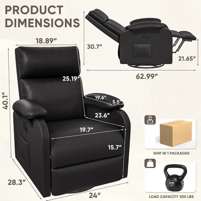 Alt view image 2 of 7 - Recliner Chair, 360 Swivel Rocking Chair for Adults, Massage Nursery Chair with Adjustable Backrest and Footrest, PU Leather Glider Rocker Recliners with Side Pocket for Living Room (Black)