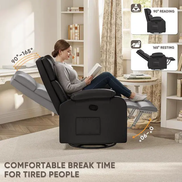 Alt view image 5 of 7 - Recliner Chair, 360 Swivel Rocking Chair for Adults, Massage Nursery Chair with Adjustable Backrest and Footrest, PU Leather Glider Rocker Recliners with Side Pocket for Living Room (Black)