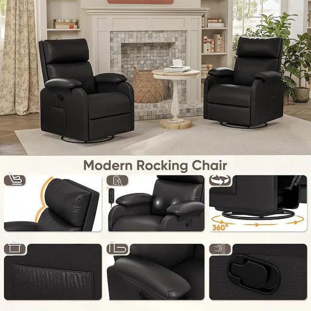 Alt view image 4 of 7 - Recliner Chair, 360 Swivel Rocking Chair for Adults, Massage Nursery Chair with Adjustable Backrest and Footrest, PU Leather Glider Rocker Recliners with Side Pocket for Living Room (Black)