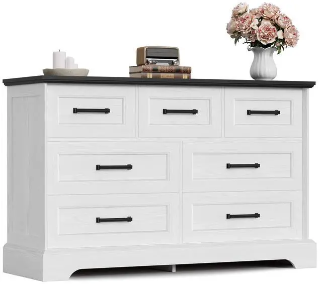 Main image of Farmhouse Dresser for Bedroom, 7 Drawers Dresser, Wood Chest of Drawers, 47.5" Wide Storage Dressers Organizer for Bedroom, Living Room, White and Black