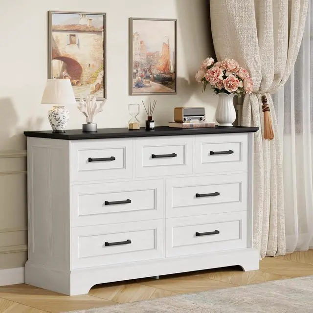 Alt view image 2 of 7 - Farmhouse Dresser for Bedroom, 7 Drawers Dresser, Wood Chest of Drawers, 47.5" Wide Storage Dressers Organizer for Bedroom, Living Room, White and Black