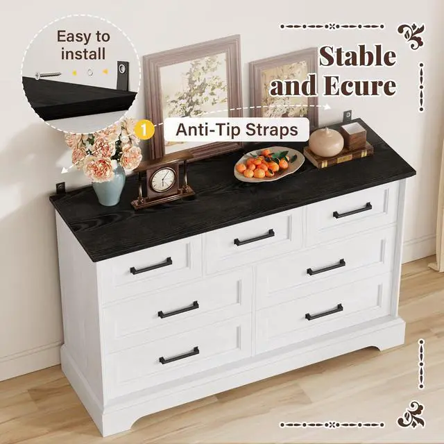 Alt view image 4 of 7 - Farmhouse Dresser for Bedroom, 7 Drawers Dresser, Wood Chest of Drawers, 47.5" Wide Storage Dressers Organizer for Bedroom, Living Room, White and Black