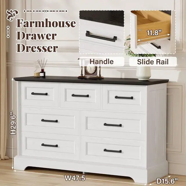 Alt view image 3 of 7 - Farmhouse Dresser for Bedroom, 7 Drawers Dresser, Wood Chest of Drawers, 47.5" Wide Storage Dressers Organizer for Bedroom, Living Room, White and Black