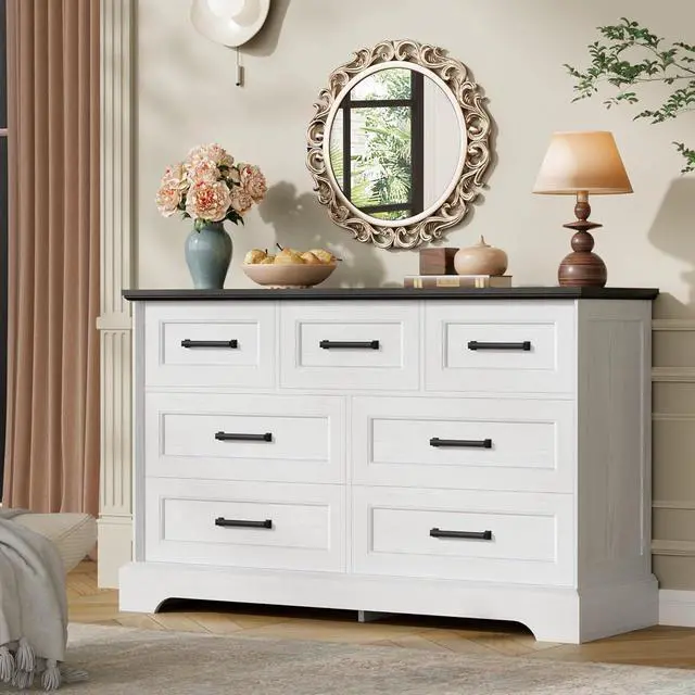 Alt view image 6 of 7 - Farmhouse Dresser for Bedroom, 7 Drawers Dresser, Wood Chest of Drawers, 47.5" Wide Storage Dressers Organizer for Bedroom, Living Room, White and Black