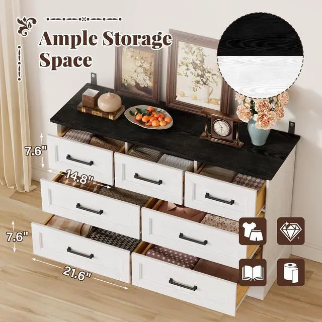 Alt view image 5 of 7 - Farmhouse Dresser for Bedroom, 7 Drawers Dresser, Wood Chest of Drawers, 47.5" Wide Storage Dressers Organizer for Bedroom, Living Room, White and Black