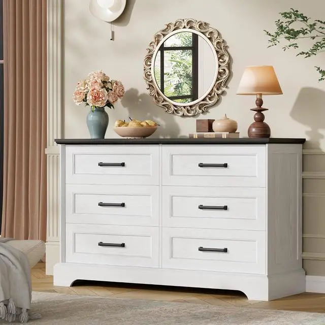 Alt view image 6 of 7 - Farmhouse Dresser for Bedroom, 6 Drawers Dresser, Wood Chest of Drawers, 47.2" Wide Storage Dressers Organizer for Bedroom, Living Room, White and Black