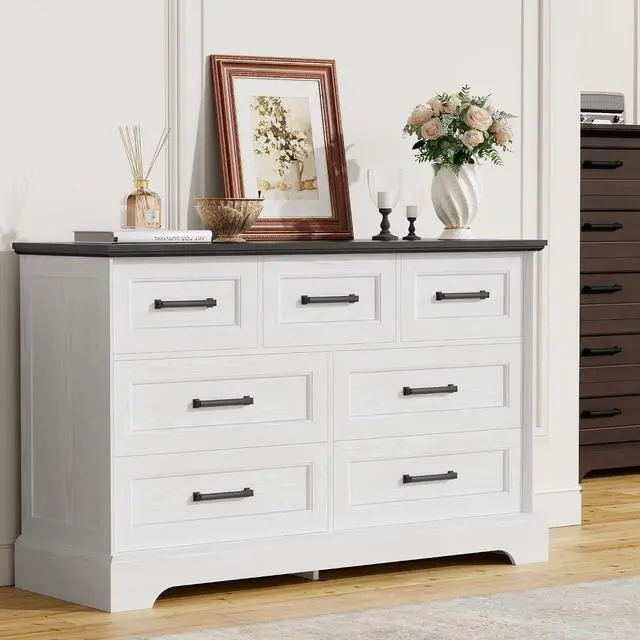 Alt view image 7 of 7 - Farmhouse Dresser for Bedroom, 7 Drawers Dresser, Wood Chest of Drawers, 47.5" Wide Storage Dressers Organizer for Bedroom, Living Room, White and Black
