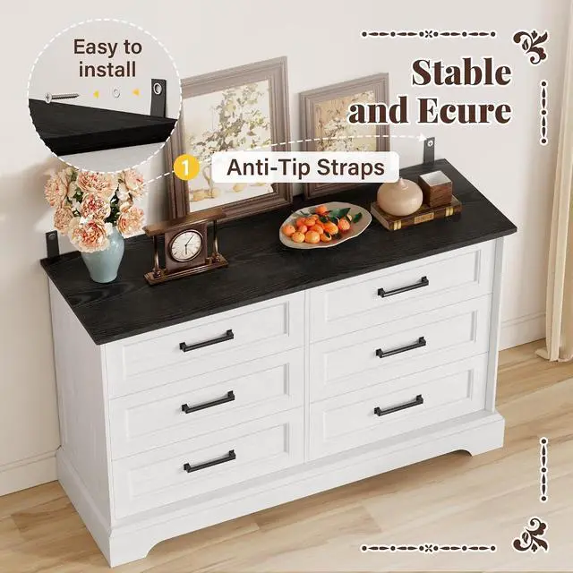 Alt view image 5 of 7 - Farmhouse Dresser for Bedroom, 6 Drawers Dresser, Wood Chest of Drawers, 47.2" Wide Storage Dressers Organizer for Bedroom, Living Room, White and Black