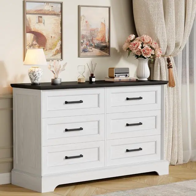 Alt view image 7 of 7 - Farmhouse Dresser for Bedroom, 6 Drawers Dresser, Wood Chest of Drawers, 47.2" Wide Storage Dressers Organizer for Bedroom, Living Room, White and Black