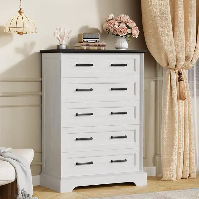 Alt view image 2 of 7 - Farmhouse Dresser for Bedroom, 5 Drawers Dresser, Wood Chest of Drawers, 31.5" Wide Storage Dressers Organizer for Bedroom, Living Room (White and Black)