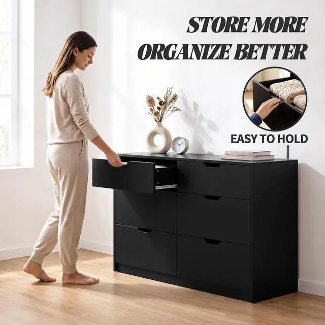 Alt view image 6 of 7 - Dresser for Bedroom with 6 Drawers, 47.2" Modern Wood Chest of Drawers with Two Drawer Sizes, TV Stand for Living Room, Closet & Entryway, Black
