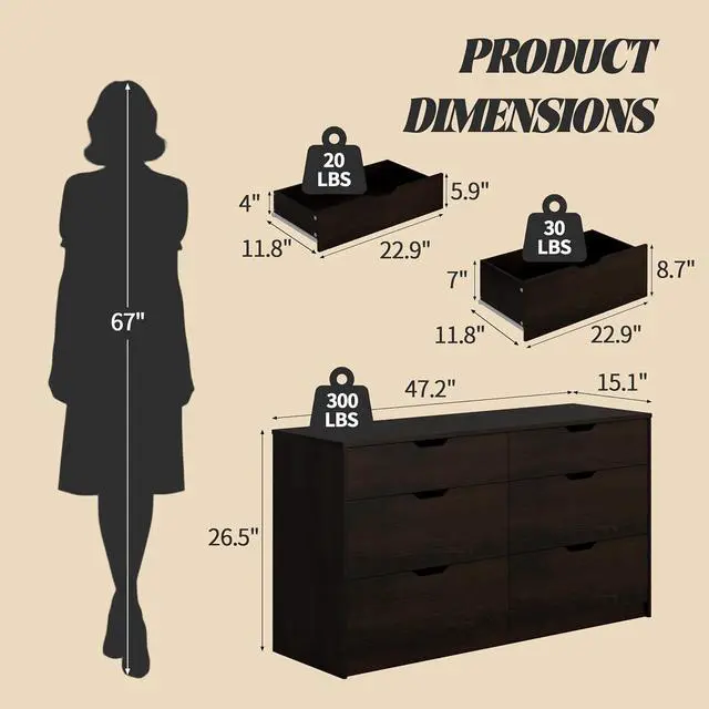 Alt view image 3 of 7 - Dresser for Bedroom with 6 Drawers, 47.2" Modern Wood Chest of Drawers with Two Drawer Sizes, TV Stand for Living Room, Closet & Entryway, Brown