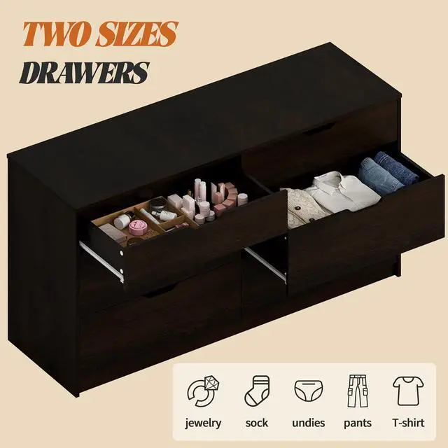 Alt view image 4 of 7 - Dresser for Bedroom with 6 Drawers, 47.2" Modern Wood Chest of Drawers with Two Drawer Sizes, TV Stand for Living Room, Closet & Entryway, Brown