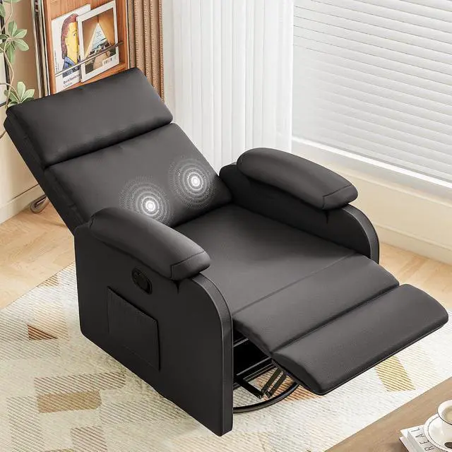 Alt view image 6 of 7 - Recliner Chair, 360 Swivel Rocking Chair for Adults, Massage Nursery Chair with Adjustable Backrest and Footrest, PU Leather Glider Rocker Recliners with Side Pocket for Living Room (Black)
