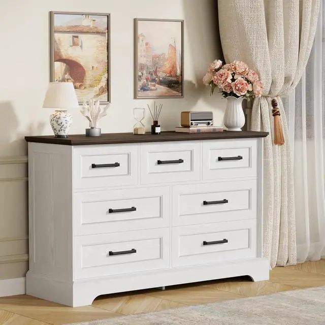 Alt view image 2 of 7 - Farmhouse Dresser for Bedroom, 7 Drawers Dresser, Wood Chest of Drawers, 47.5" Wide Storage Dressers Organizer for Bedroom, Living Room, White and Brown