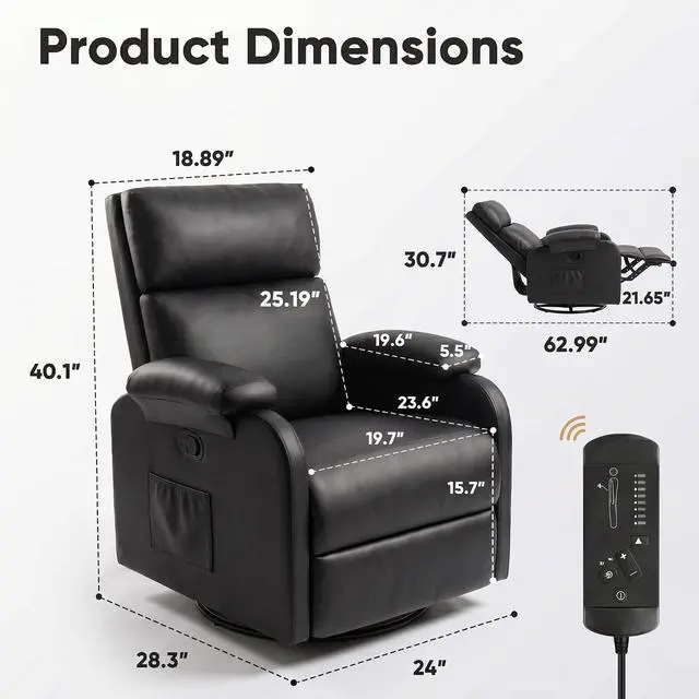Alt view image 2 of 7 - Rocking Chair for Nursery, 360 Swivel Rocker Recliner with Vibration Massage, PU Leather, Adjustable Backrest, for Living Room, Bedroom (Black)