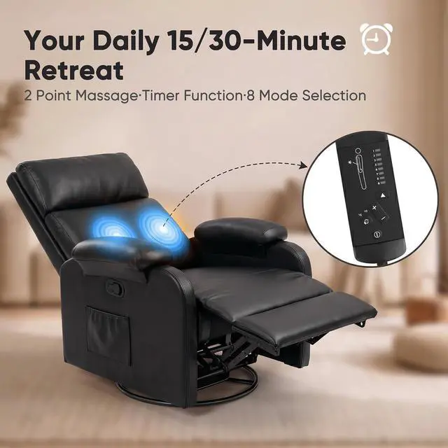 Alt view image 5 of 7 - Rocking Chair for Nursery, 360 Swivel Rocker Recliner with Vibration Massage, PU Leather, Adjustable Backrest, for Living Room, Bedroom (Black)