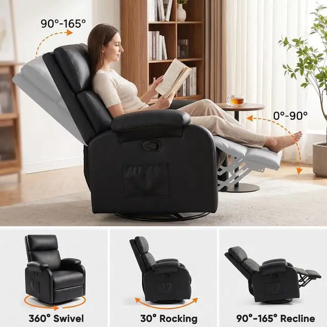 Alt view image 4 of 7 - Rocking Chair for Nursery, 360 Swivel Rocker Recliner with Vibration Massage, PU Leather, Adjustable Backrest, for Living Room, Bedroom (Black)