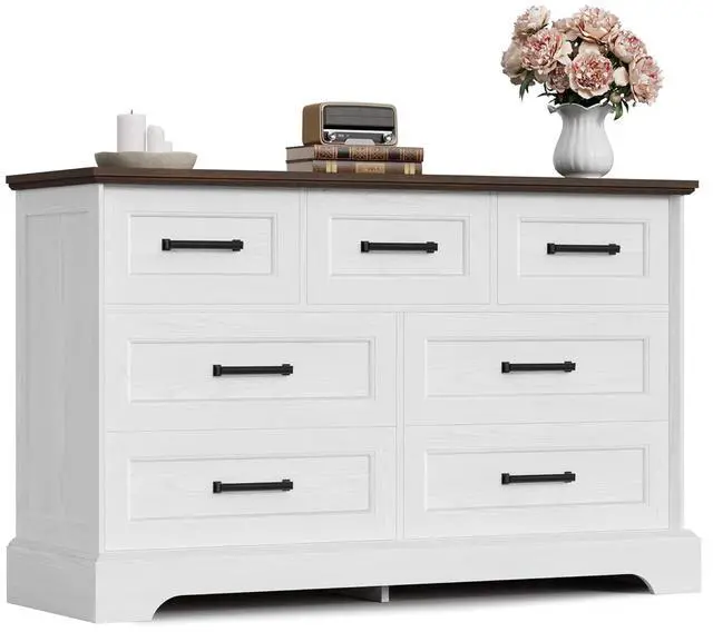 Main image of Farmhouse Dresser for Bedroom, 7 Drawers Dresser, Wood Chest of Drawers, 47.5" Wide Storage Dressers Organizer for Bedroom, Living Room, White and Brown