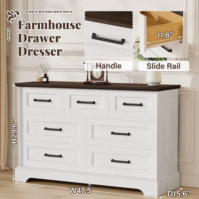 Alt view image 3 of 7 - Farmhouse Dresser for Bedroom, 7 Drawers Dresser, Wood Chest of Drawers, 47.5" Wide Storage Dressers Organizer for Bedroom, Living Room, White and Brown
