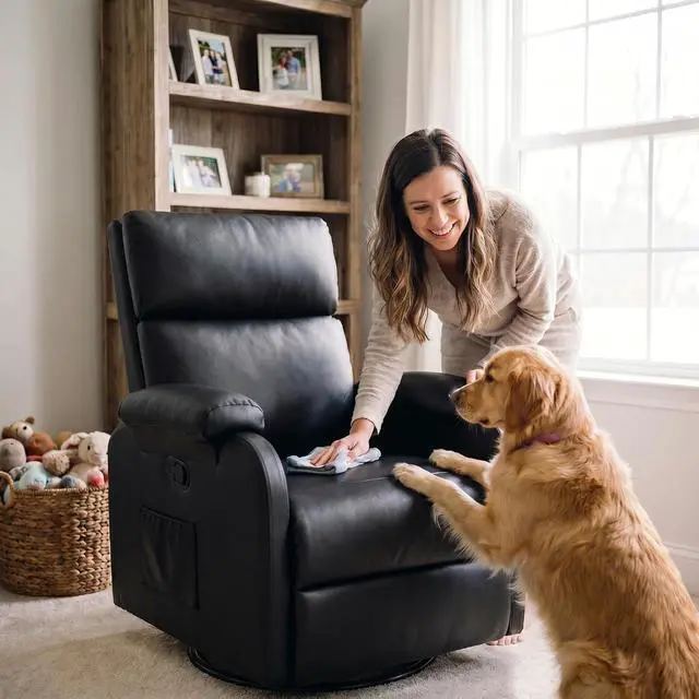 Alt view image 7 of 7 - Rocking Chair for Nursery, 360 Swivel Rocker Recliner with Vibration Massage, PU Leather, Adjustable Backrest, for Living Room, Bedroom (Black)