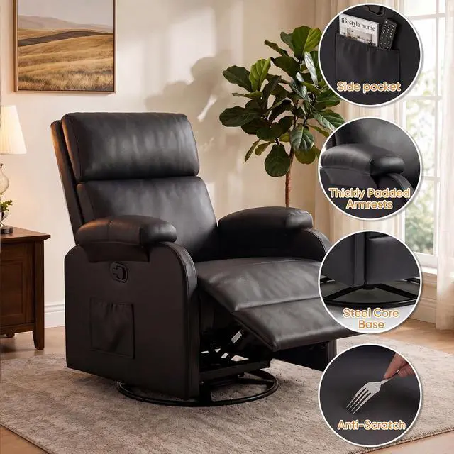 Alt view image 6 of 7 - Rocking Chair for Nursery, 360 Swivel Rocker Recliner with Vibration Massage, PU Leather, Adjustable Backrest, for Living Room, Bedroom (Black)