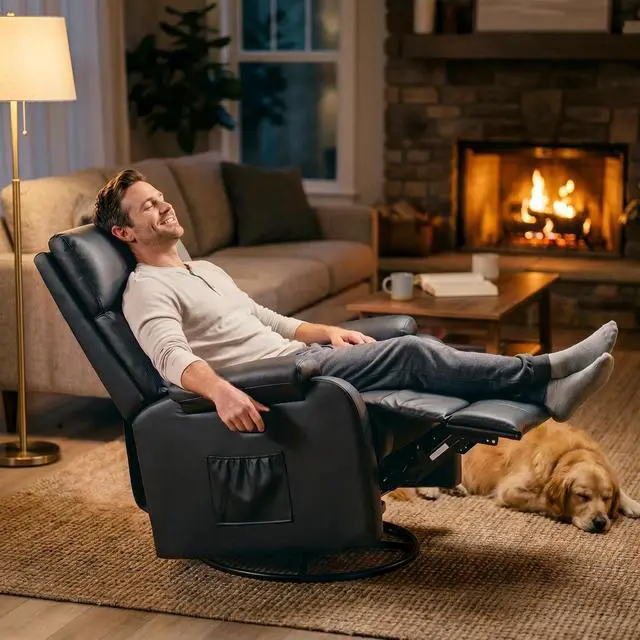 Alt view image 3 of 7 - Rocking Chair for Nursery, 360 Swivel Rocker Recliner with Vibration Massage, PU Leather, Adjustable Backrest, for Living Room, Bedroom (Black)