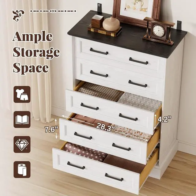 Alt view image 5 of 7 - Farmhouse Dresser for Bedroom, 5 Drawers Dresser, Wood Chest of Drawers, 31.5" Wide Storage Dressers Organizer for Bedroom, Living Room (White and Black)