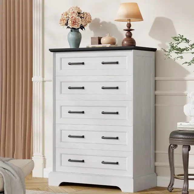 Alt view image 7 of 7 - Farmhouse Dresser for Bedroom, 5 Drawers Dresser, Wood Chest of Drawers, 31.5" Wide Storage Dressers Organizer for Bedroom, Living Room (White and Black)