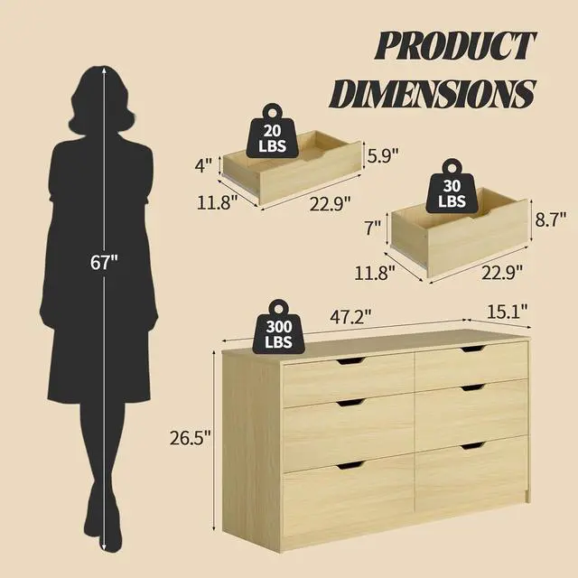 Alt view image 3 of 7 - Dresser for Bedroom with 6 Drawers, 47.2" Modern Wood Chest of Drawers with Two Drawer Sizes, TV Stand for Living Room, Closet & Entryway, Natural Oak