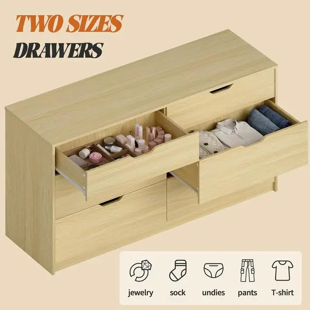 Alt view image 4 of 7 - Dresser for Bedroom with 6 Drawers, 47.2" Modern Wood Chest of Drawers with Two Drawer Sizes, TV Stand for Living Room, Closet & Entryway, Natural Oak