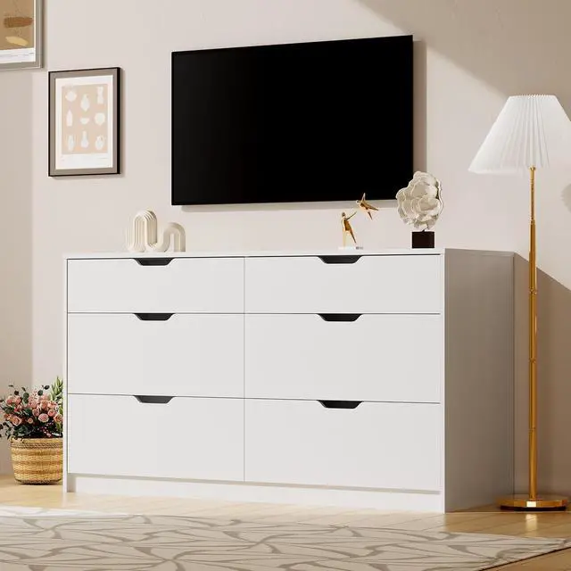 Alt view image 2 of 7 - Dresser for Bedroom with 6 Drawers, 47.2" Modern Wood Chest of Drawers with Two Drawer Sizes, TV Stand for Living Room, Closet & Entryway, White