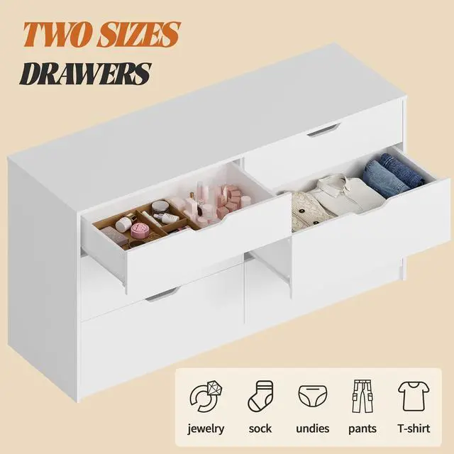 Alt view image 4 of 7 - Dresser for Bedroom with 6 Drawers, 47.2" Modern Wood Chest of Drawers with Two Drawer Sizes, TV Stand for Living Room, Closet & Entryway, White