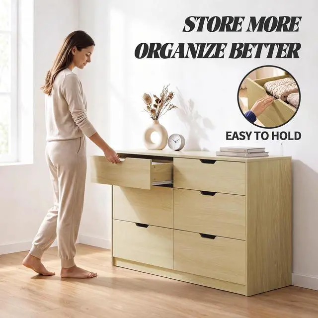 Alt view image 6 of 7 - Dresser for Bedroom with 6 Drawers, 47.2" Modern Wood Chest of Drawers with Two Drawer Sizes, TV Stand for Living Room, Closet & Entryway, Natural Oak