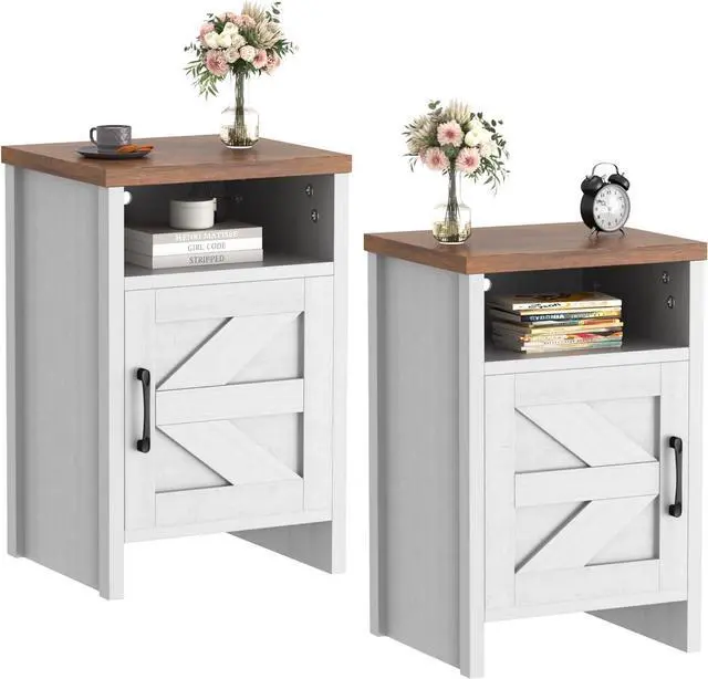 Main image of Product Image End Table, Nightstand Set of 2, Modern Bedside Table with Barn Door and Open Wood Shelf, Side Table for Small Spaces, Bedroom (White)