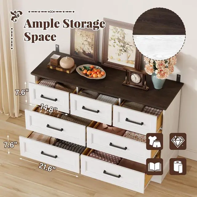 Alt view image 5 of 7 - Farmhouse Dresser for Bedroom, 7 Drawers Dresser, Wood Chest of Drawers, 47.5" Wide Storage Dressers Organizer for Bedroom, Living Room, White and Brown