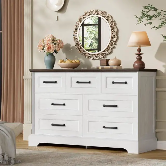 Alt view image 6 of 7 - Farmhouse Dresser for Bedroom, 7 Drawers Dresser, Wood Chest of Drawers, 47.5" Wide Storage Dressers Organizer for Bedroom, Living Room, White and Brown