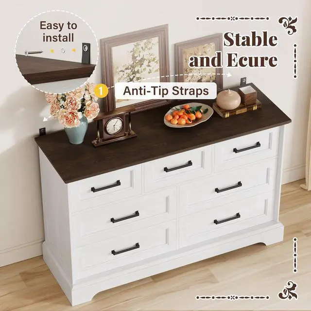 Alt view image 4 of 7 - Farmhouse Dresser for Bedroom, 7 Drawers Dresser, Wood Chest of Drawers, 47.5" Wide Storage Dressers Organizer for Bedroom, Living Room, White and Brown