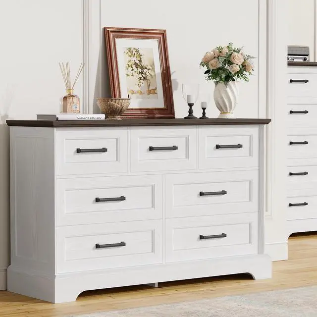 Alt view image 7 of 7 - Farmhouse Dresser for Bedroom, 7 Drawers Dresser, Wood Chest of Drawers, 47.5" Wide Storage Dressers Organizer for Bedroom, Living Room, White and Brown
