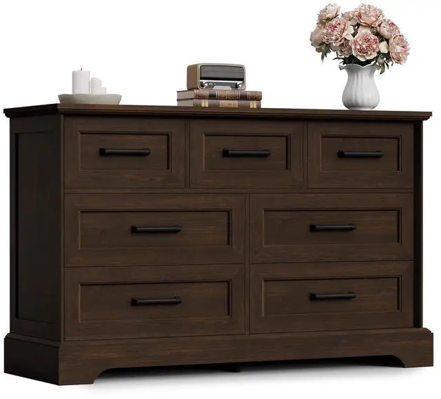 Main image of Farmhouse Dresser for Bedroom, 7 Drawers Dresser, Wood Chest of Drawers, 47.5" Wide Storage Dressers Organizer for Bedroom, Living Room, Dark Brown